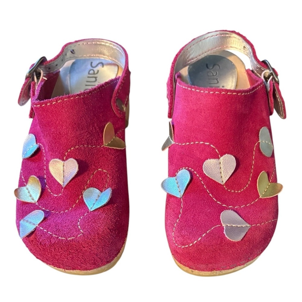 Sanita Clogs Girls EU 31 Pink‎ Suede Heart Slingback Wooden Platform Shoes